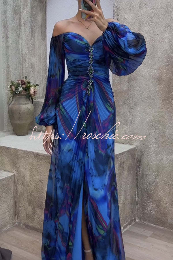 Off Shoulder Printed Pleated Maxi Dress with Diamond Detail