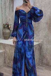 Off Shoulder Printed Pleated Maxi Dress with Diamond Detail
