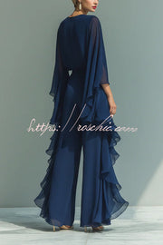 Midnight Blue Wide-Leg Pantsuit with Ruffled Overlay