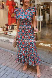Printed Flutter Sleeve Smocked Top & Maxi Skirt Set