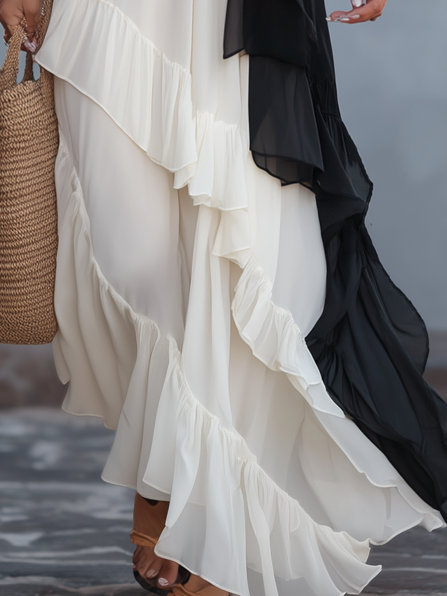 Black & White Asymmetric Ruffle Sleeveless Maxi Dress