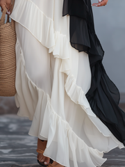 Black & White Asymmetric Ruffle Sleeveless Maxi Dress