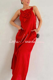 Linen Blend Floral Embellishment Maxi Dress with Pockets