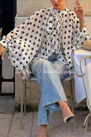 Polka Dot Lantern Sleeve Tie-Waist Loose Shirt