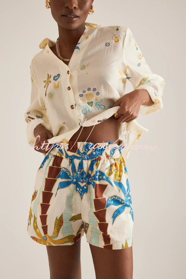 Linen Blend Printed Shirt & Elastic Waist Shorts Set