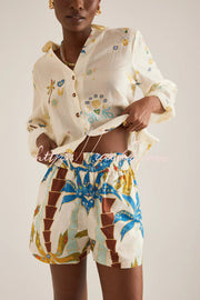 Linen Blend Printed Shirt & Elastic Waist Shorts Set