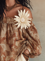 Floral Print Off-Shoulder Blouse in Sand Beige