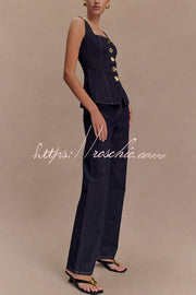 High Waist Straight Leg Denim Jeans with Pockets
