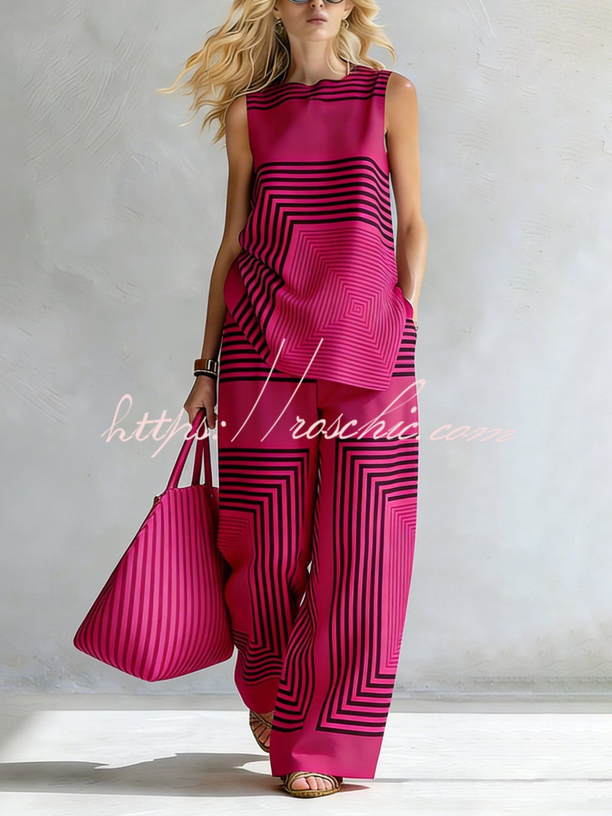 Geometric Print Sleeveless Top & Wide-Leg Pants Set