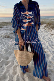 Ocean Print Oversized Shirt & Elastic Waist Pants Set