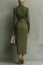 Women's Slim-Fit Lapel Midi Dress with Long Sleeves