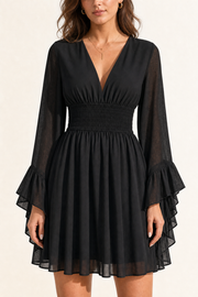 Gothic V-Neck Mini Dress - Long Sleeve Belted Fitted Dress