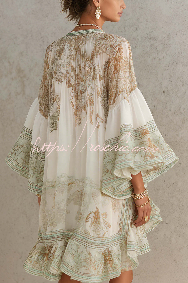 Printed Ruffle Mini Dress with Bell Sleeves