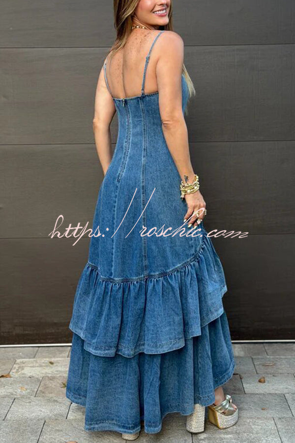 Denim Sleeveless Maxi Dress with Ruffle Hem & Back Zipper