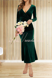 Velvet Long Sleeve V-Neck Fishtail Maxi Dress – Slim Fit