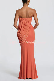 Modal Knit Strapless Maxi Dress with Asymmetric Draped Mesh