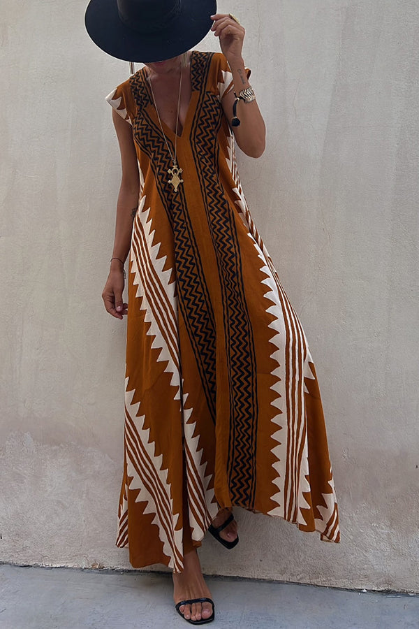 Ethnic Print V-Neck Maxi Dress – Loose Fit Vacation Style