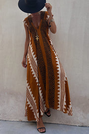Ethnic Print V-Neck Maxi Dress – Loose Fit Vacation Style