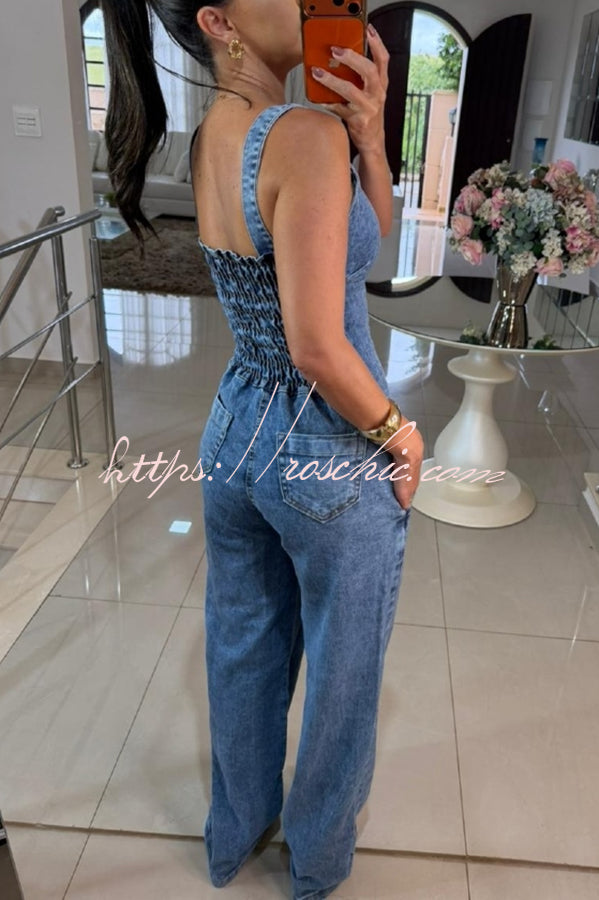 Women's Denim Square Neck Flare Jumpsuit – Smocked Back