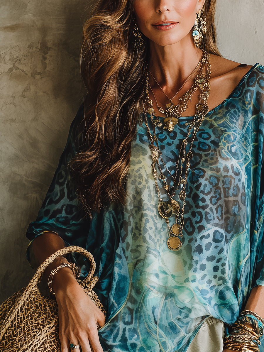Blue Leopard Print Batwing Sleeve Top | Boho Loose Fit