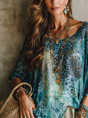 Blue Leopard Print Batwing Sleeve Top | Boho Loose Fit