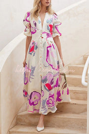 Watercolor Floral Puff Sleeve Button Maxi Dress