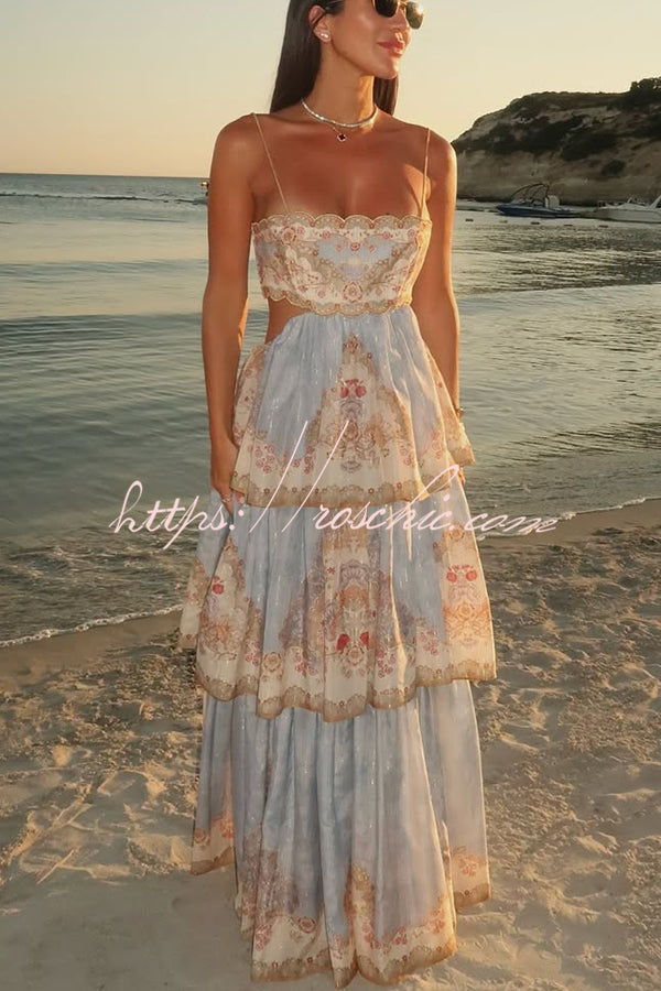 Printed Cutout Lace-Up Tiered Maxi Dress for Vacation