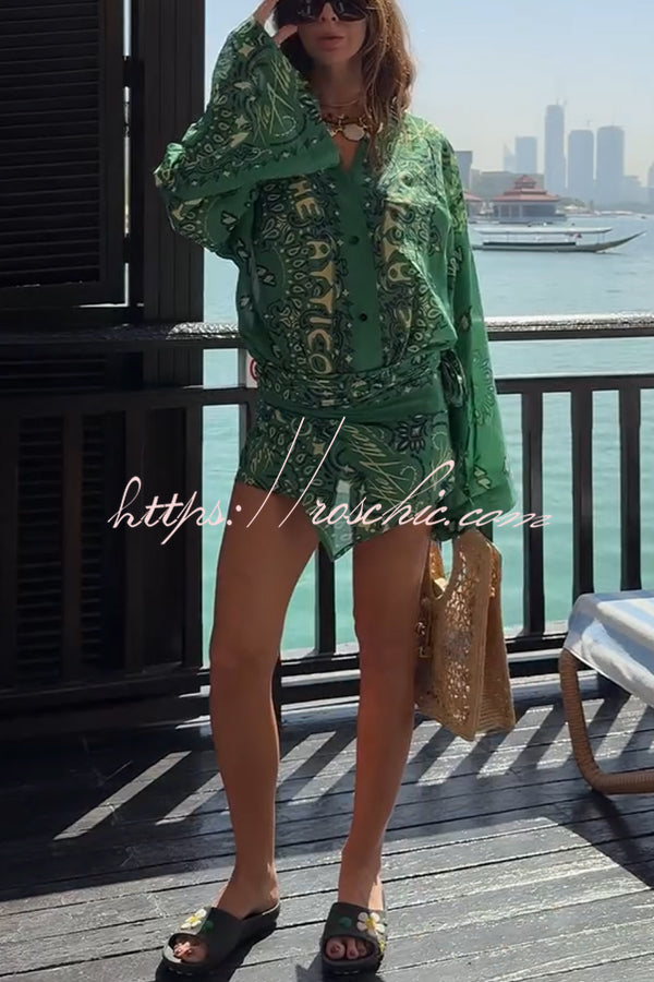 Linen Blend Ethnic Print Bell Sleeve Mini Wrap Dress