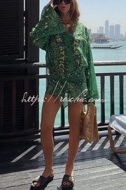 Linen Blend Ethnic Print Bell Sleeve Mini Wrap Dress