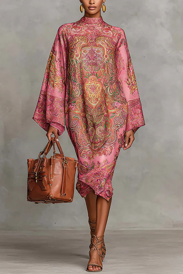 Retro Print Long Sleeve Loose Midi Dress – Casual Vacation