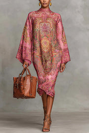 Retro Print Long Sleeve Loose Midi Dress – Casual Vacation