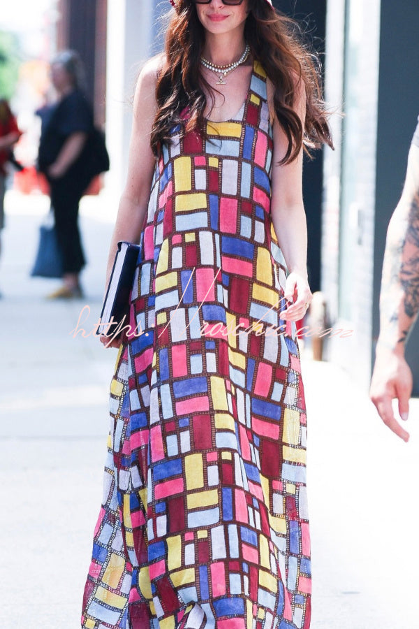 Color-block Plaid Print Sleeveless Maxi Dress – Loose Fit