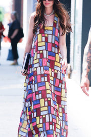 Color-block Plaid Print Sleeveless Maxi Dress – Loose Fit