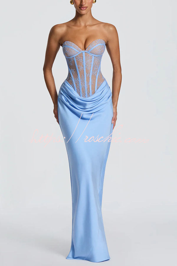 Floral Lace Strapless Maxi Dress with Lace-Up Back