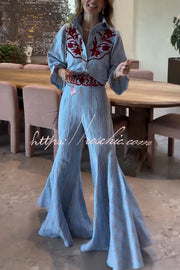 Linen Blend Floral Embroidery Stripe High Rise Flare Pants