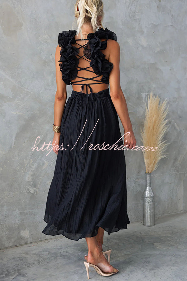 Floral Chiffon Maxi Dress with Ruffle Detail & Lace-Up Back
