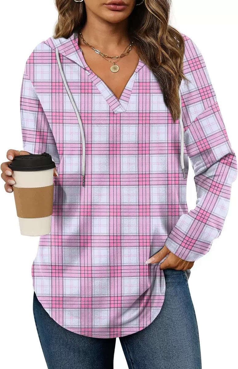 Women's Plaid Hoodie Tunic – Oversized Pullover Sweatshirt