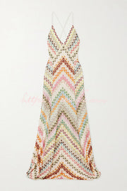 Colorful Herringbone Knit Open-Back Maxi Dress