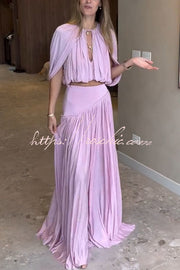 Cutout Neck Crop Top & High-Rise Pleated Maxi Skirt Set