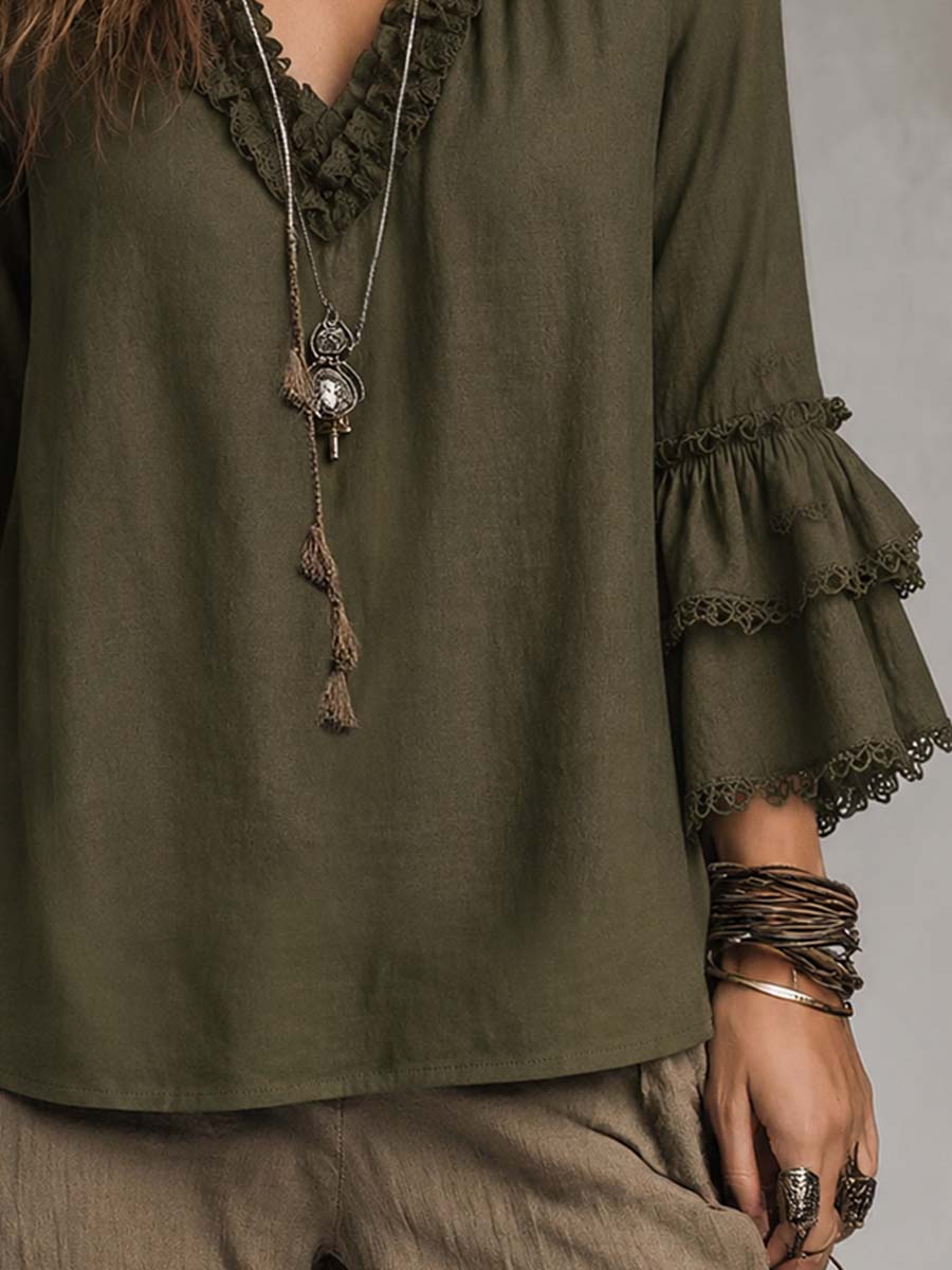 Cotton Linen Long-Sleeve Blouse with Ruffled Lace Detail