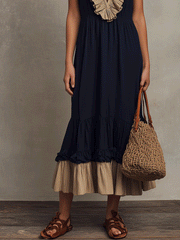 Navy & Sand Tiered Maxi Dress | Vintage-Inspired Sleeveless