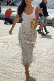 Sequin Midi Skirt with Layered Tassels and Back Slit