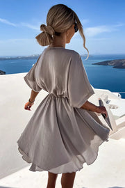 Batwing Sleeve Satin Mini Dress – Loose Fit V-Neck