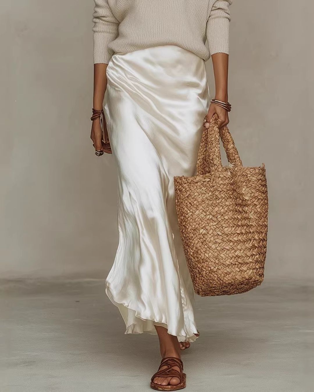 Knit & Satin Midi Skirt Set – Ivory Coordinated Ensemble