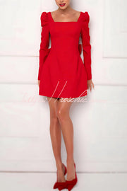 Puff Shoulder Mini Dress with Bow Back & Long Sleeves