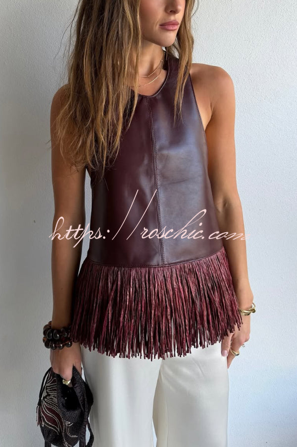 Faux Leather Halter Neck Sleeveless Top with Tassel Detail