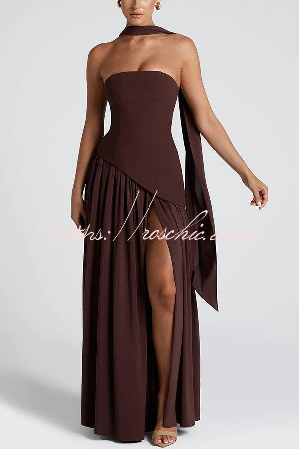 Off-Shoulder Chiffon Pleated Maxi Dress with Slit