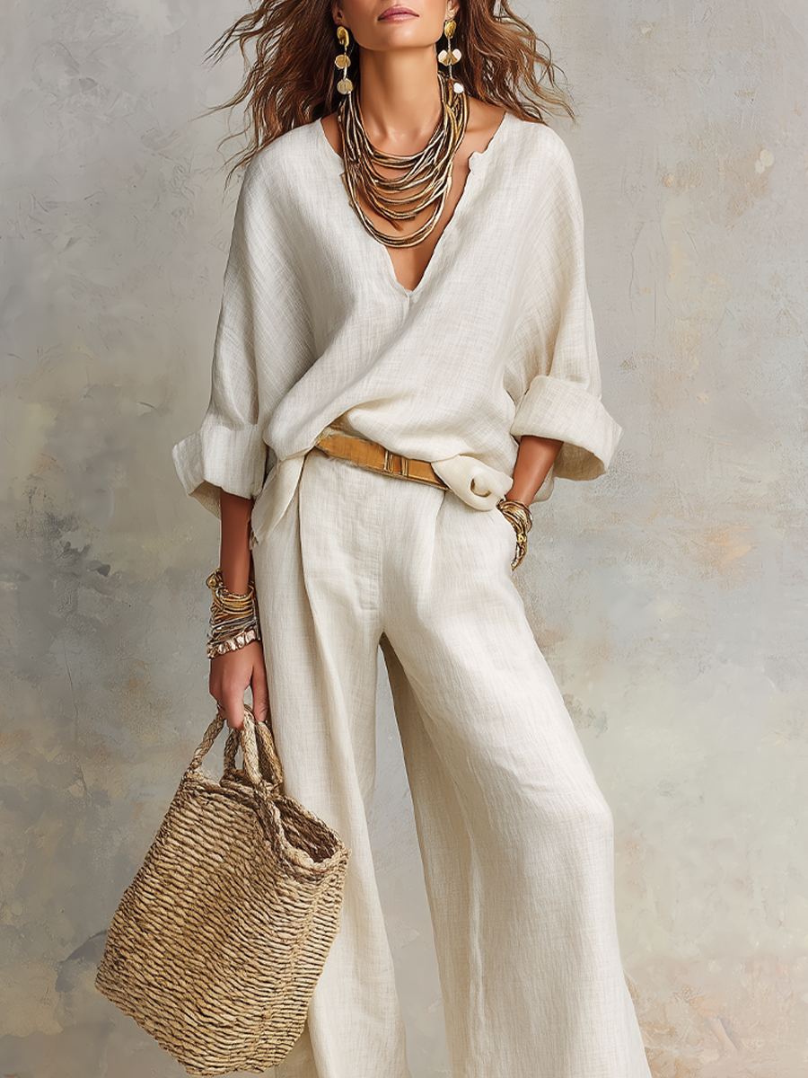 Off White Linen Pants Set | Loose Fit Resort Wear