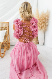 Floral Chiffon Ruffle Maxi Dress with Lace-Up Back