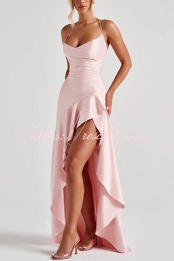 Satin Back Lace-Up High Low Ruffle Maxi Dress